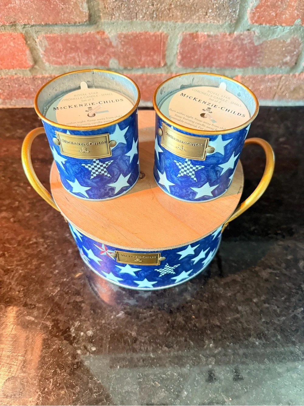 MacKenzie-Childs Blue Star Citronella Candles Canister Trio with Gold Accents